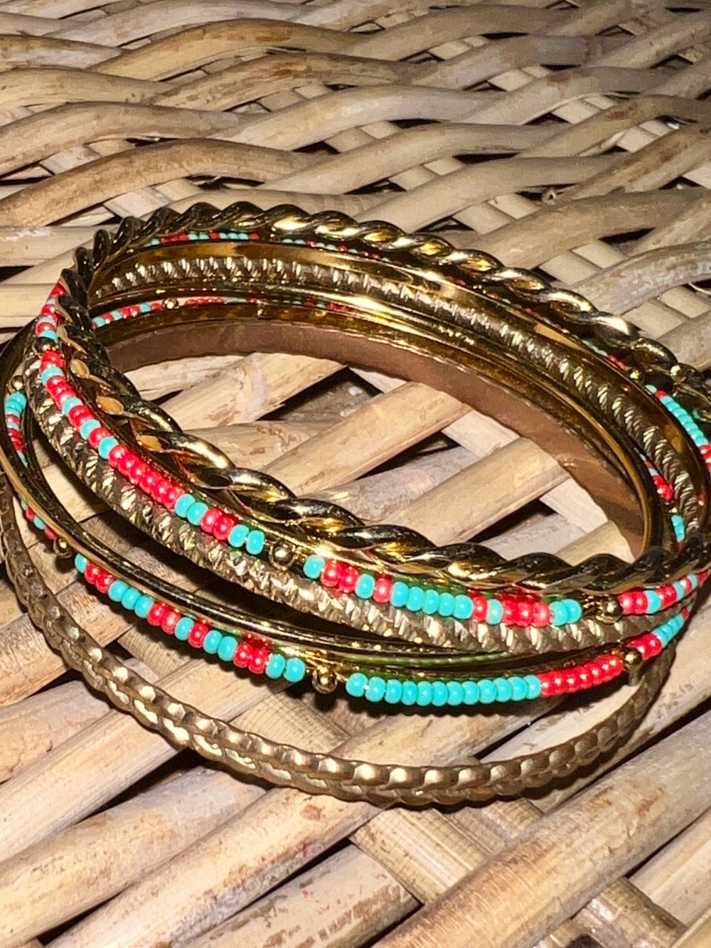 Set of Six Gold-Tone and Turquoise Red Beaded Bangle Bracelet Set